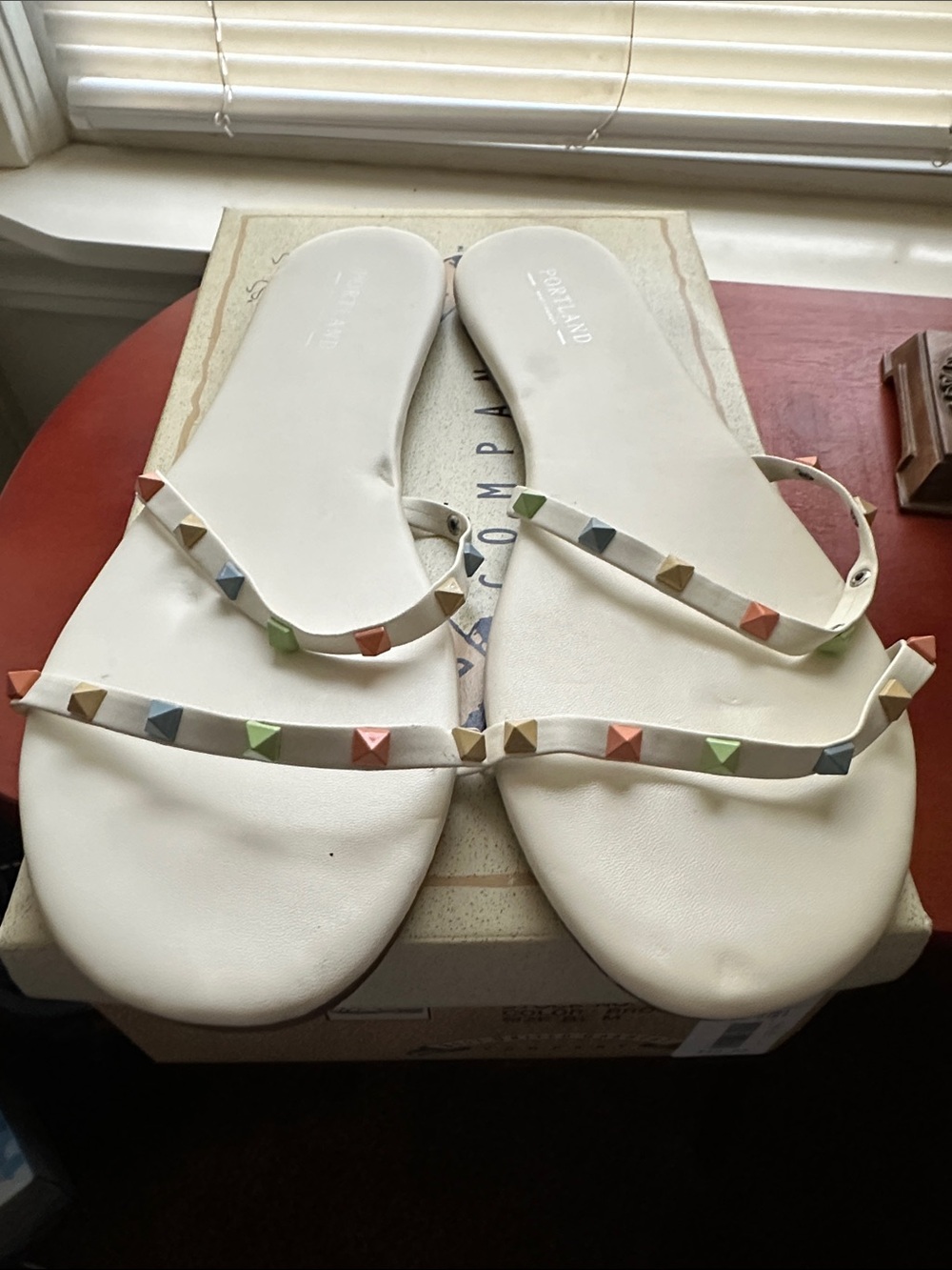 White Studded Flat Sandals with Pastel Accents